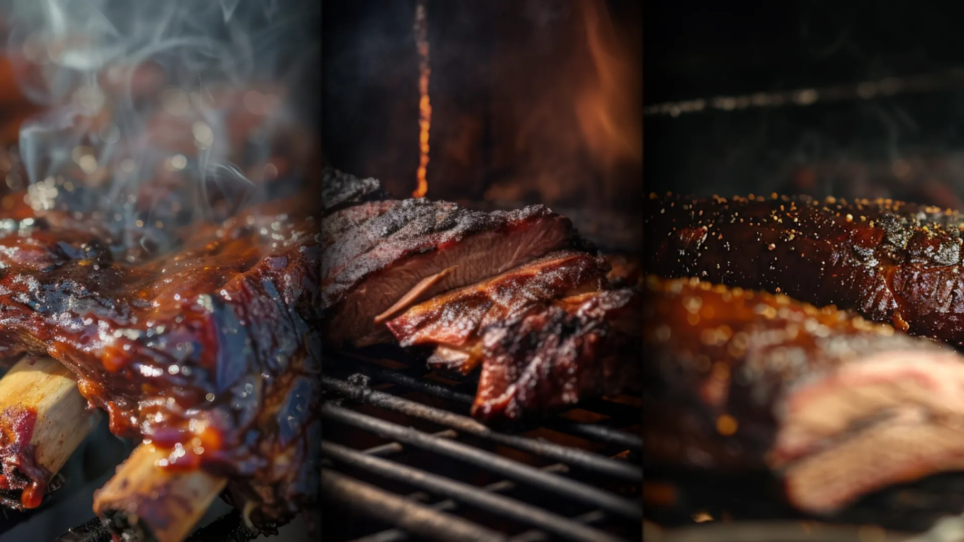Brisket and ribs cooking low and slow in the smoker