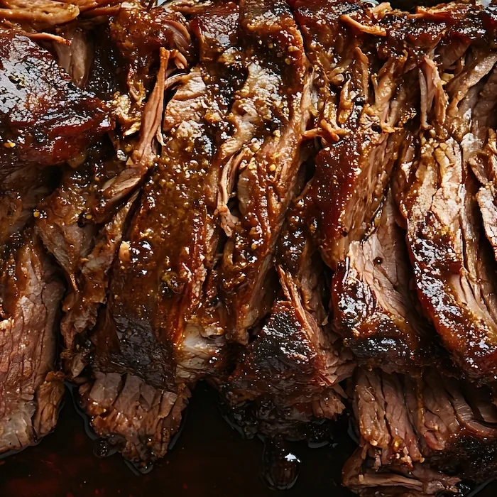 Slow-cooked pulled brisket glazed with barbecue sauce